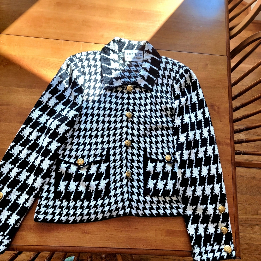 FIRM $ ADOLFO Saks Fifth Avenue Santana Knit Sweater Jacket HOUNDSTOOTH Large?